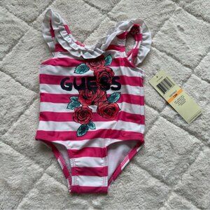 Guess | Pink and Cream Ruffle Striped Floral One piece Swim | Size 12 Months